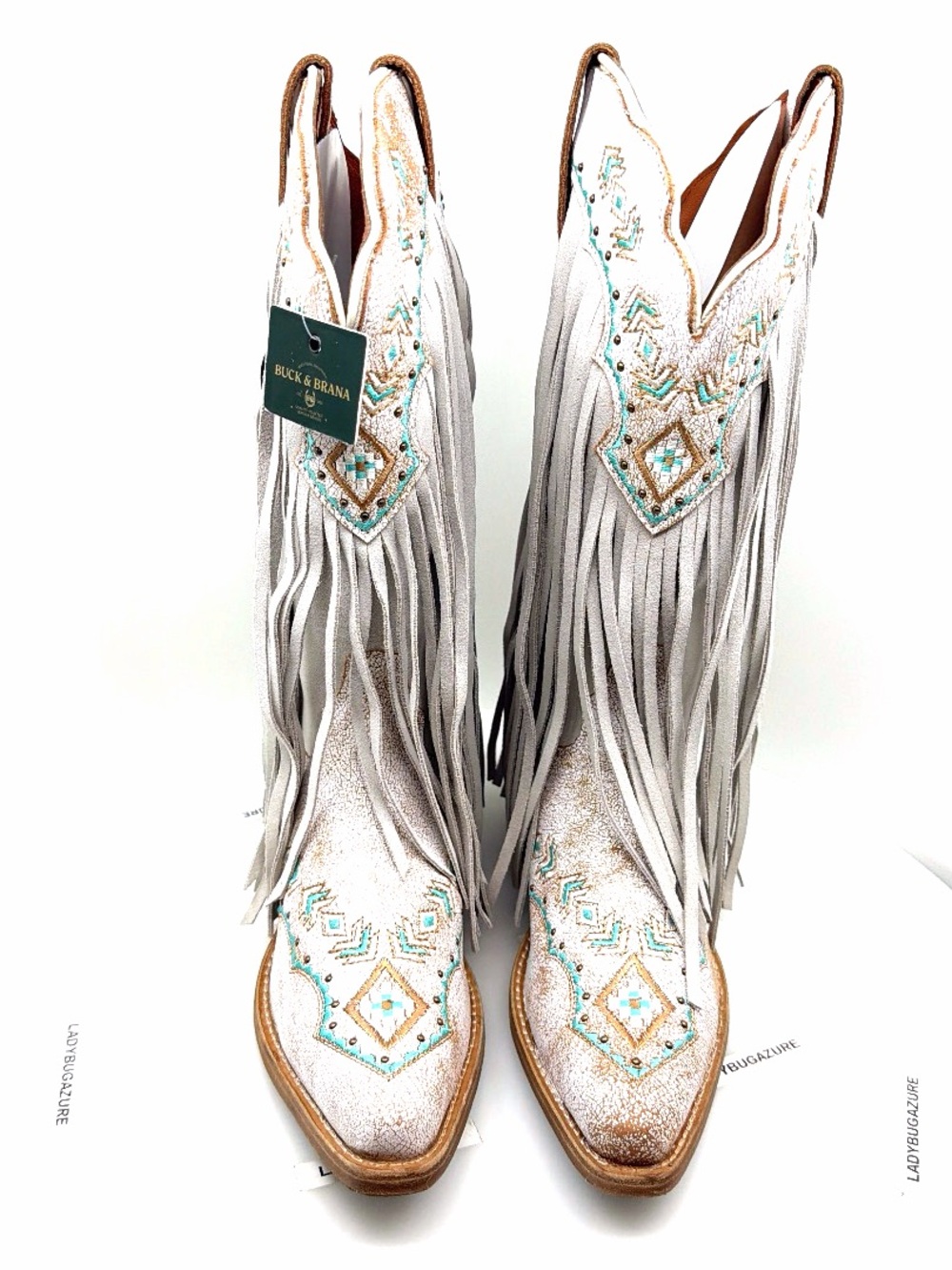 NIB Buck & Buckana FRANNY CRACK WHITE Fringed Embroidered Western Boots Size 7.5